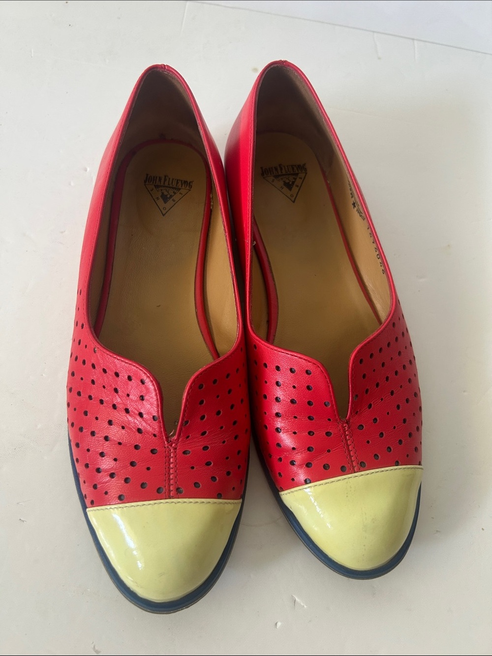 John Fluevog Red Leather Slip-Ons with Yellow Patent Toe Boho Size 6.5 Exc Cond
